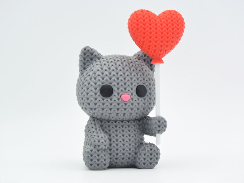 Knitted Cat With Heart Balloon - Valentine's Day - 3D printed home decor