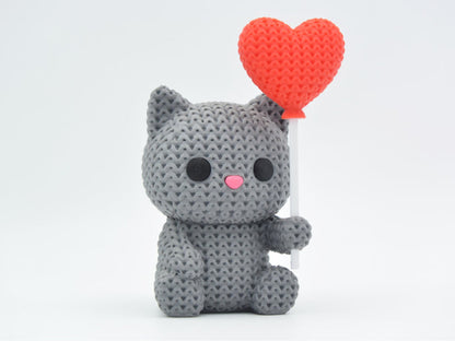 Knitted Cat With Heart Balloon - Valentine's Day - 3D printed home decor
