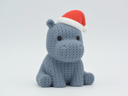 Knitted Hippo with Santa Hat - Christmas - 3D printed home decor