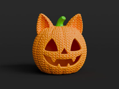 Knitted Jack-O-Lantern Cat Pumpkin - Halloween - 3D printed home decor