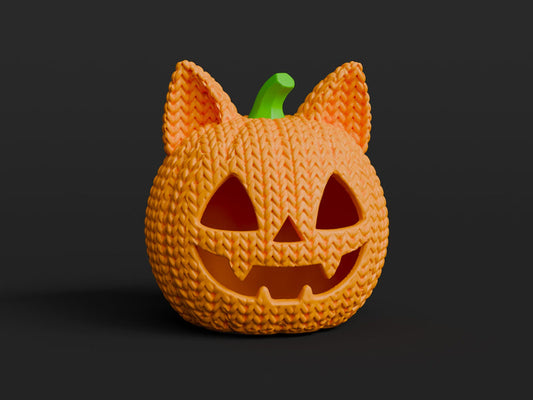 Knitted Jack-O-Lantern Cat Pumpkin - Halloween - 3D printed home decor